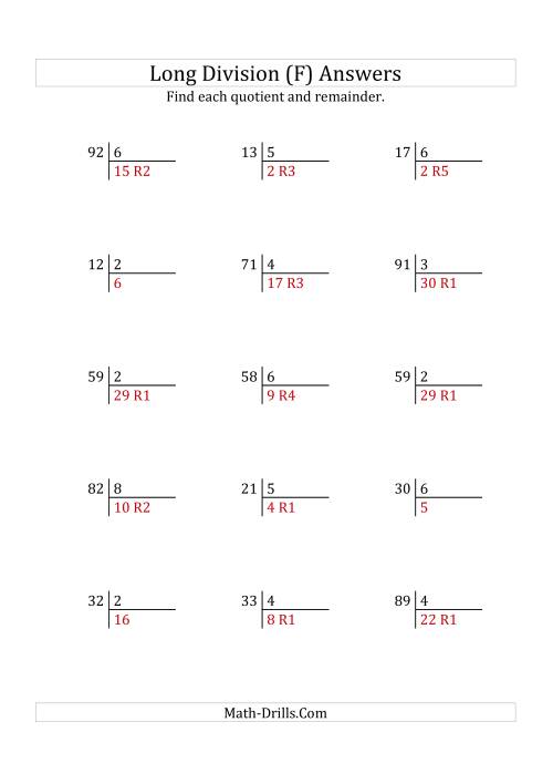 The European Long Division with a 1-Digit Divisor and a 2-Digit Dividend with Remainders (F) Math Worksheet Page 2