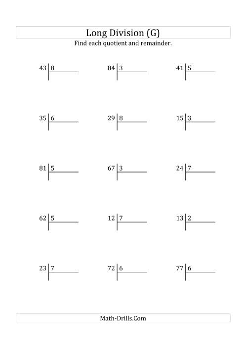 The European Long Division with a 1-Digit Divisor and a 2-Digit Dividend with Remainders (G) Math Worksheet
