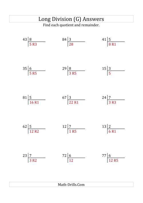 The European Long Division with a 1-Digit Divisor and a 2-Digit Dividend with Remainders (G) Math Worksheet Page 2