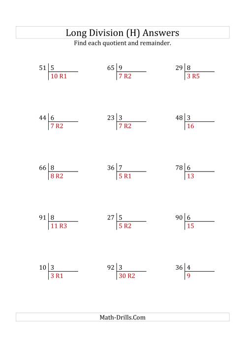 The European Long Division with a 1-Digit Divisor and a 2-Digit Dividend with Remainders (H) Math Worksheet Page 2