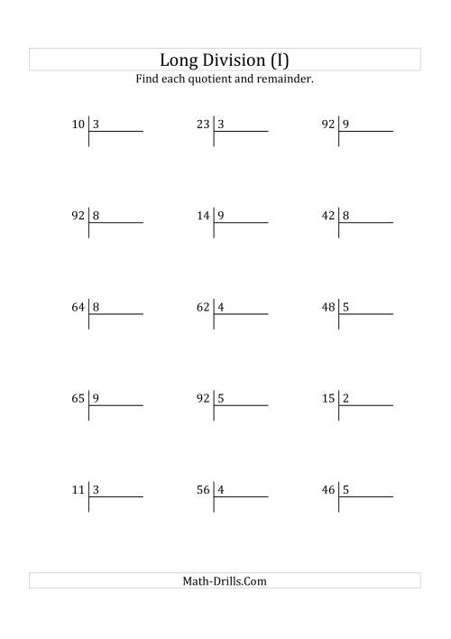 The European Long Division with a 1-Digit Divisor and a 2-Digit Dividend with Remainders (I) Math Worksheet