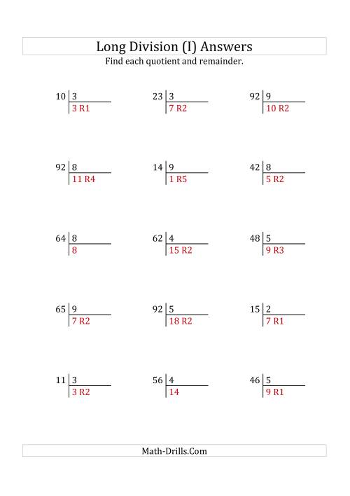 The European Long Division with a 1-Digit Divisor and a 2-Digit Dividend with Remainders (I) Math Worksheet Page 2