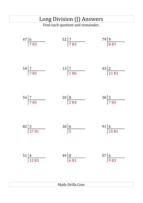 The European Long Division with a 1-Digit Divisor and a 2-Digit Dividend with Remainders (J) Math Worksheet Page 2