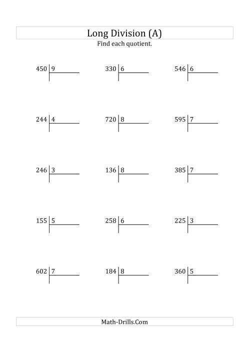 The European Long Division with a 1-Digit Divisor and a 2-Digit Quotient with No Remainders (A) Math Worksheet