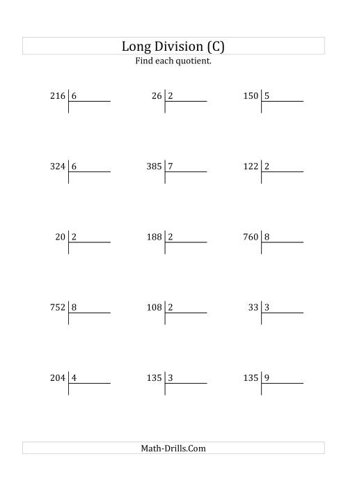 The European Long Division with a 1-Digit Divisor and a 2-Digit Quotient with No Remainders (C) Math Worksheet