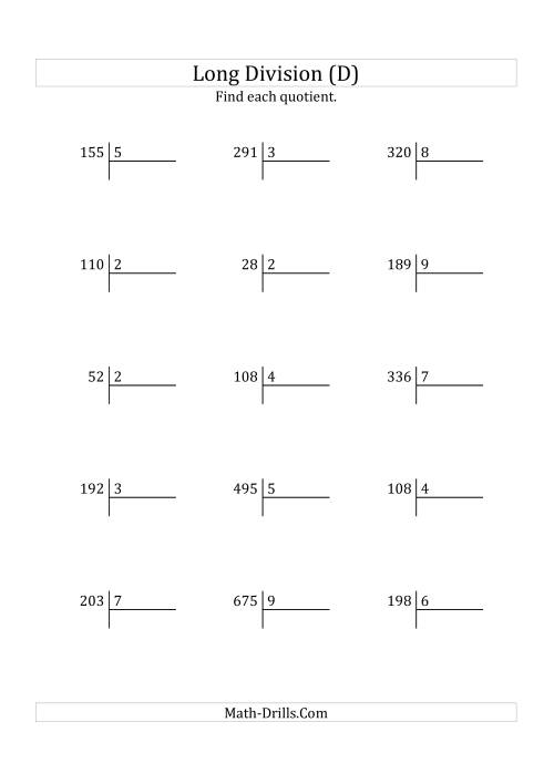 The European Long Division with a 1-Digit Divisor and a 2-Digit Quotient with No Remainders (D) Math Worksheet