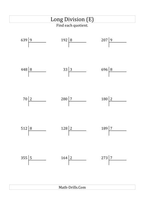 The European Long Division with a 1-Digit Divisor and a 2-Digit Quotient with No Remainders (E) Math Worksheet