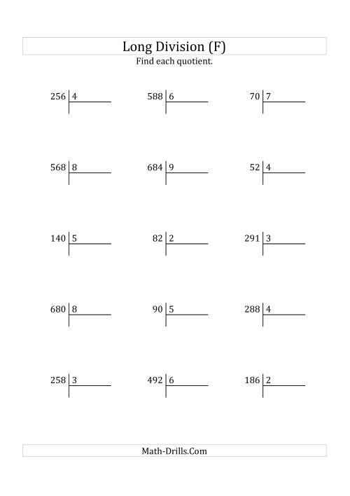 The European Long Division with a 1-Digit Divisor and a 2-Digit Quotient with No Remainders (F) Math Worksheet