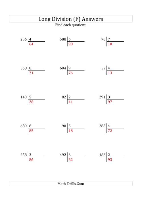 The European Long Division with a 1-Digit Divisor and a 2-Digit Quotient with No Remainders (F) Math Worksheet Page 2