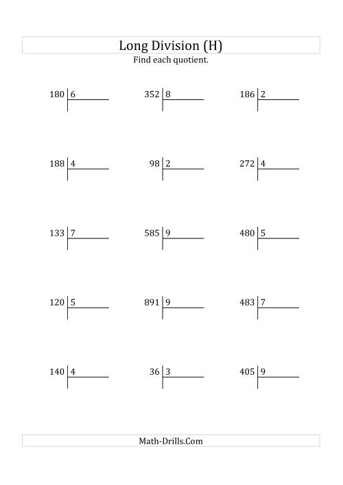 The European Long Division with a 1-Digit Divisor and a 2-Digit Quotient with No Remainders (H) Math Worksheet
