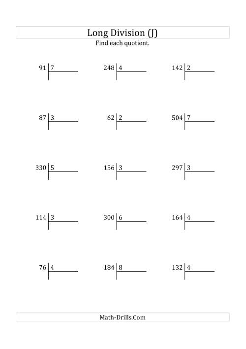 The European Long Division with a 1-Digit Divisor and a 2-Digit Quotient with No Remainders (J) Math Worksheet