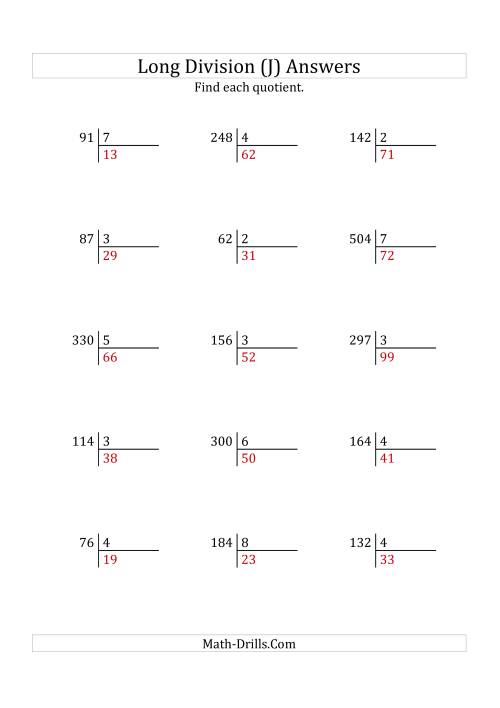 The European Long Division with a 1-Digit Divisor and a 2-Digit Quotient with No Remainders (J) Math Worksheet Page 2