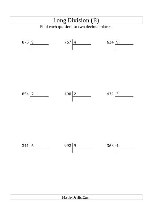The European Long Division with a 1-Digit Divisor and a 3-Digit Dividend with Decimal Quotients (B) Math Worksheet