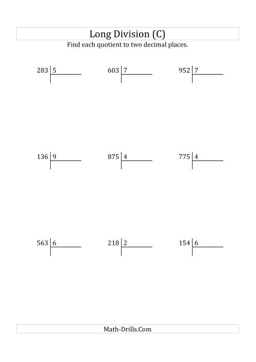 The European Long Division with a 1-Digit Divisor and a 3-Digit Dividend with Decimal Quotients (C) Math Worksheet