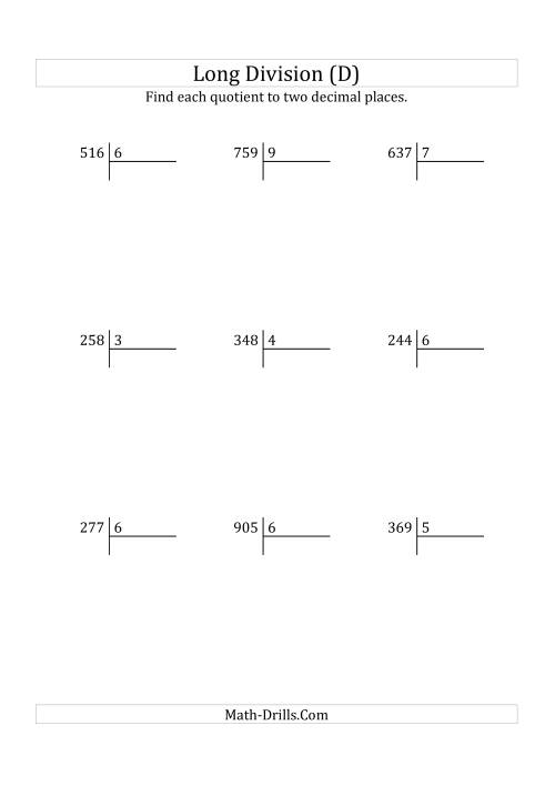 The European Long Division with a 1-Digit Divisor and a 3-Digit Dividend with Decimal Quotients (D) Math Worksheet