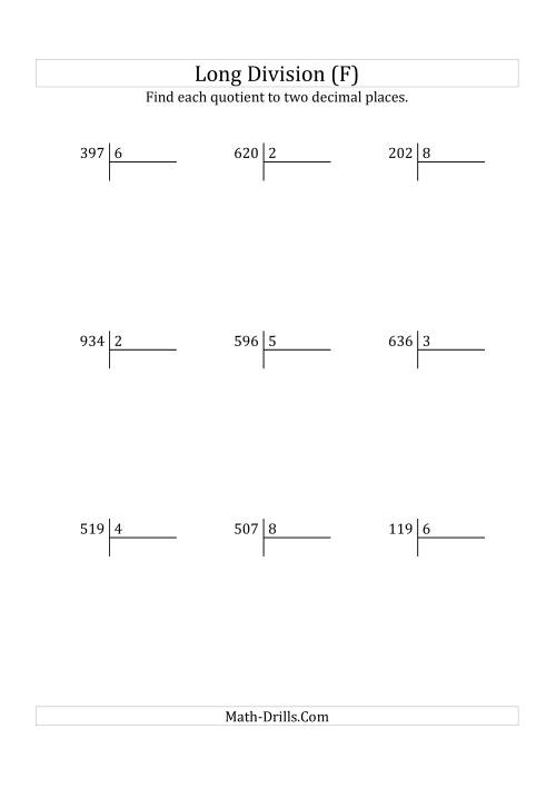 The European Long Division with a 1-Digit Divisor and a 3-Digit Dividend with Decimal Quotients (F) Math Worksheet