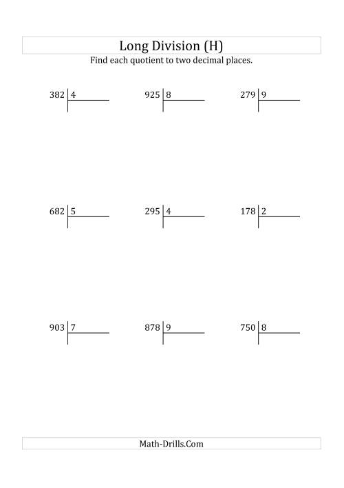The European Long Division with a 1-Digit Divisor and a 3-Digit Dividend with Decimal Quotients (H) Math Worksheet