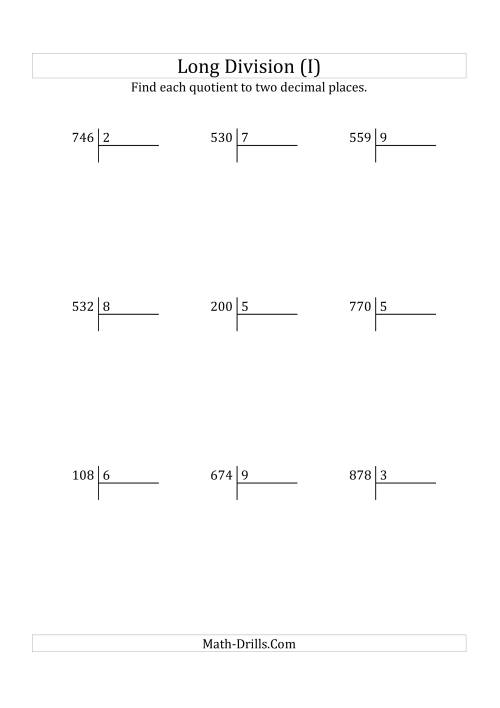The European Long Division with a 1-Digit Divisor and a 3-Digit Dividend with Decimal Quotients (I) Math Worksheet