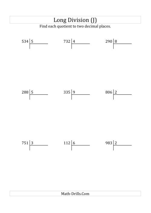 The European Long Division with a 1-Digit Divisor and a 3-Digit Dividend with Decimal Quotients (J) Math Worksheet