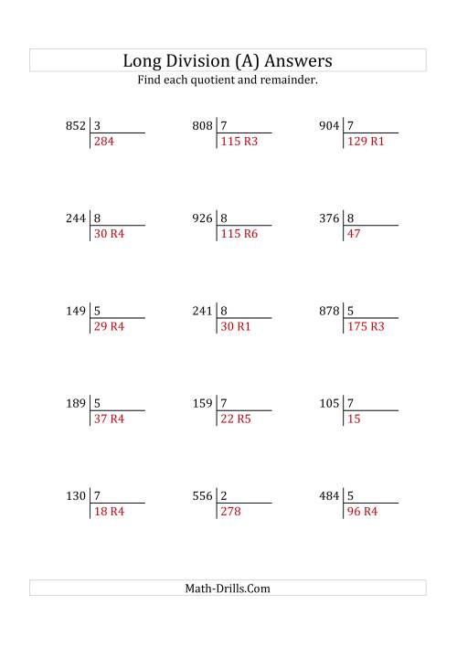 The European Long Division with a 1-Digit Divisor and a 3-Digit Dividend with Remainders (A) Math Worksheet Page 2