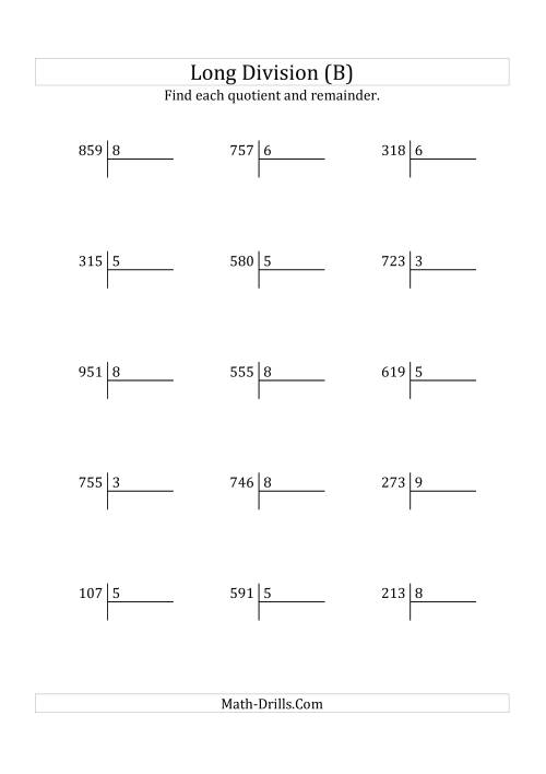 The European Long Division with a 1-Digit Divisor and a 3-Digit Dividend with Remainders (B) Math Worksheet
