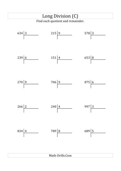 The European Long Division with a 1-Digit Divisor and a 3-Digit Dividend with Remainders (C) Math Worksheet