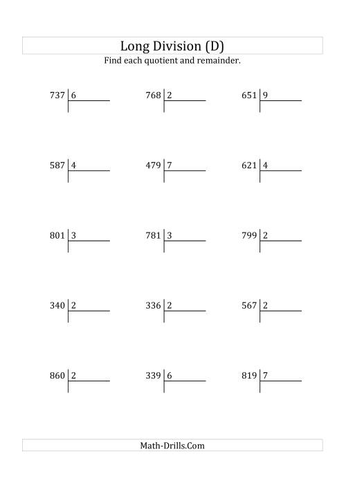 The European Long Division with a 1-Digit Divisor and a 3-Digit Dividend with Remainders (D) Math Worksheet