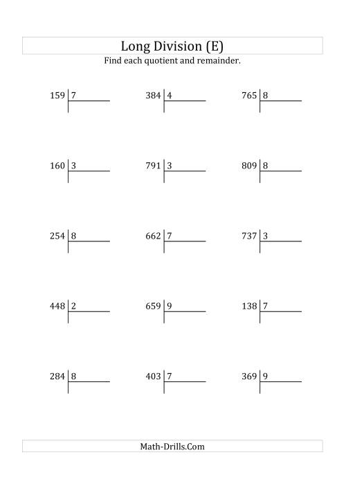 The European Long Division with a 1-Digit Divisor and a 3-Digit Dividend with Remainders (E) Math Worksheet
