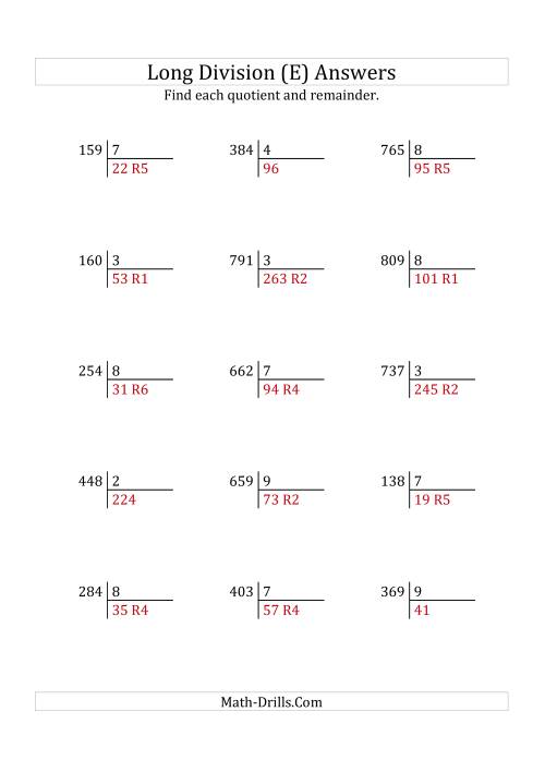 The European Long Division with a 1-Digit Divisor and a 3-Digit Dividend with Remainders (E) Math Worksheet Page 2