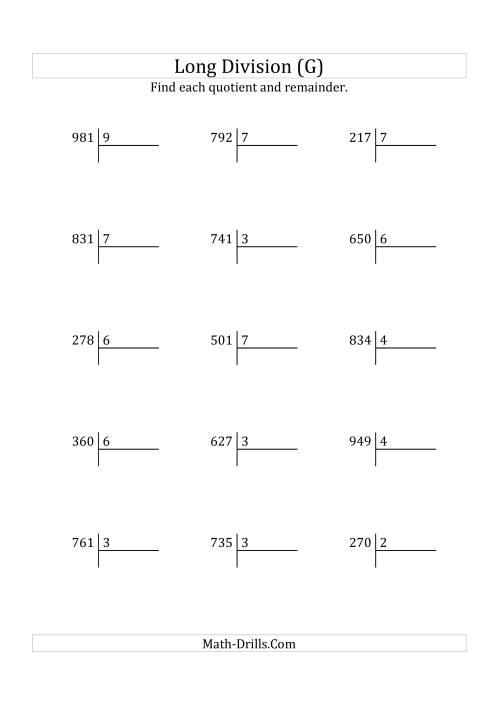 The European Long Division with a 1-Digit Divisor and a 3-Digit Dividend with Remainders (G) Math Worksheet