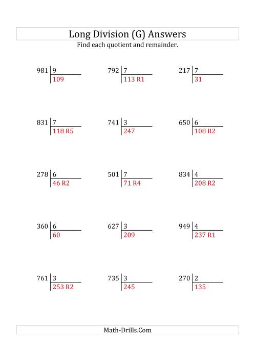 The European Long Division with a 1-Digit Divisor and a 3-Digit Dividend with Remainders (G) Math Worksheet Page 2