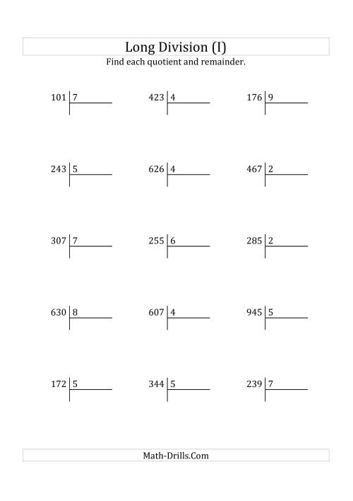 The European Long Division with a 1-Digit Divisor and a 3-Digit Dividend with Remainders (I) Math Worksheet