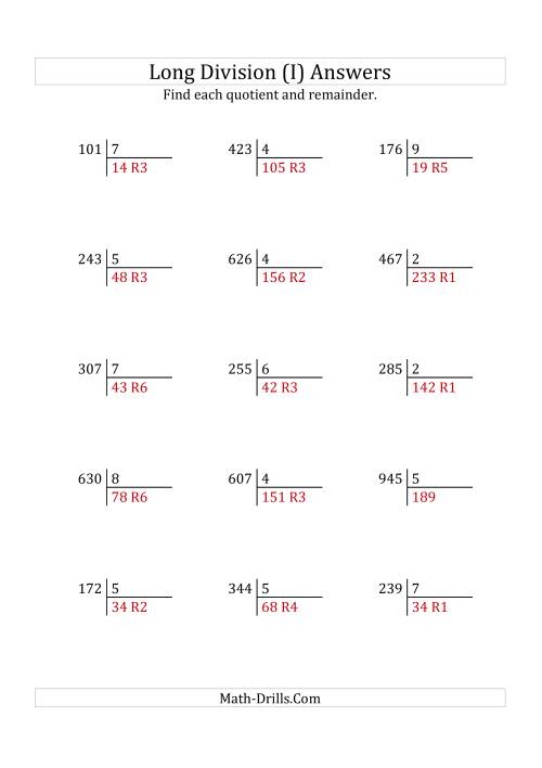 The European Long Division with a 1-Digit Divisor and a 3-Digit Dividend with Remainders (I) Math Worksheet Page 2