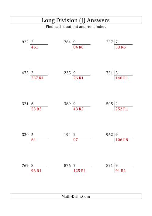 The European Long Division with a 1-Digit Divisor and a 3-Digit Dividend with Remainders (J) Math Worksheet Page 2