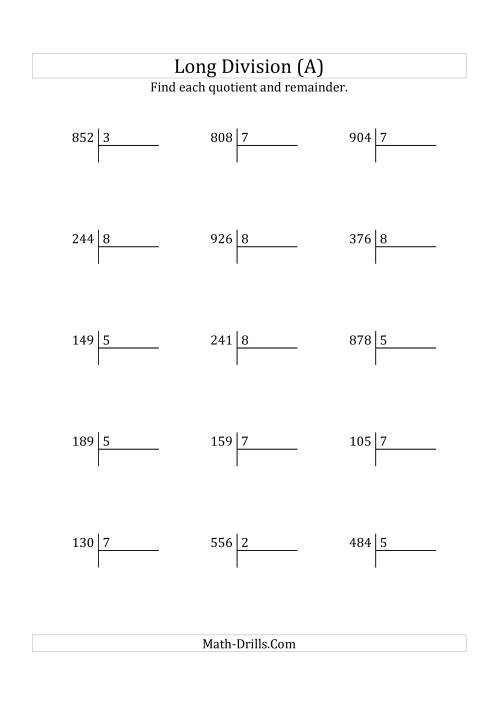 The European Long Division with a 1-Digit Divisor and a 3-Digit Dividend with Remainders (All) Math Worksheet
