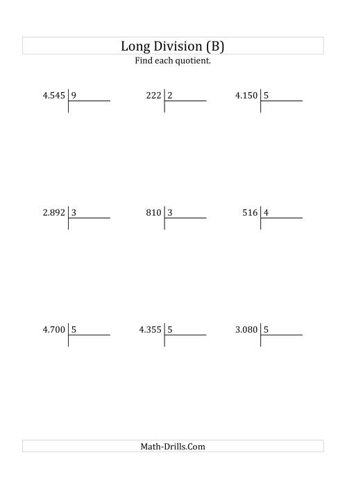 The European Long Division with a 1-Digit Divisor and a 3-Digit Quotient with No Remainders (B) Math Worksheet