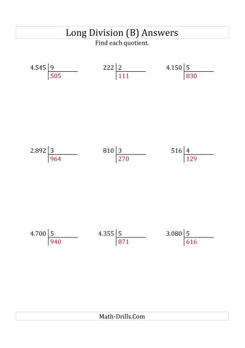 The European Long Division with a 1-Digit Divisor and a 3-Digit Quotient with No Remainders (B) Math Worksheet Page 2