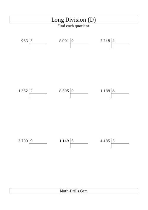 The European Long Division with a 1-Digit Divisor and a 3-Digit Quotient with No Remainders (D) Math Worksheet