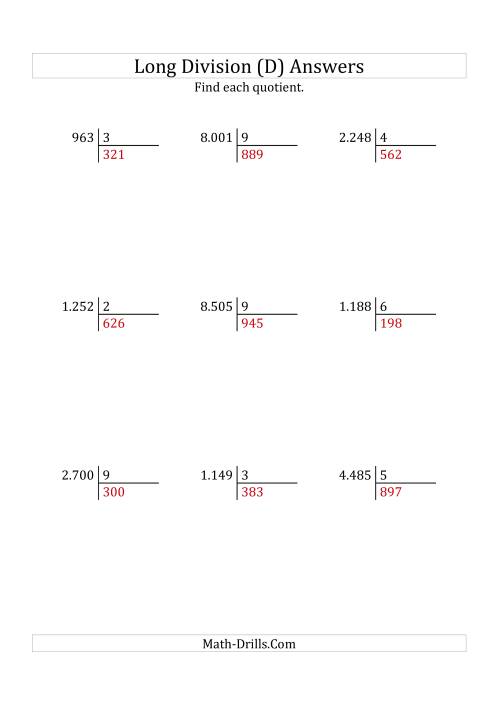 The European Long Division with a 1-Digit Divisor and a 3-Digit Quotient with No Remainders (D) Math Worksheet Page 2