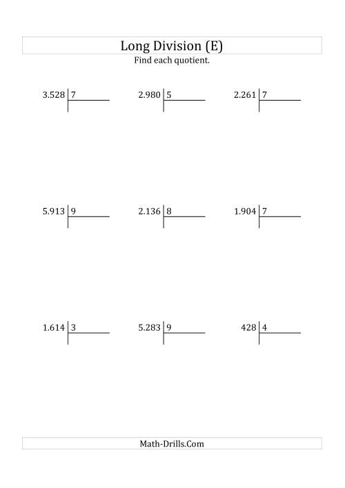 The European Long Division with a 1-Digit Divisor and a 3-Digit Quotient with No Remainders (E) Math Worksheet