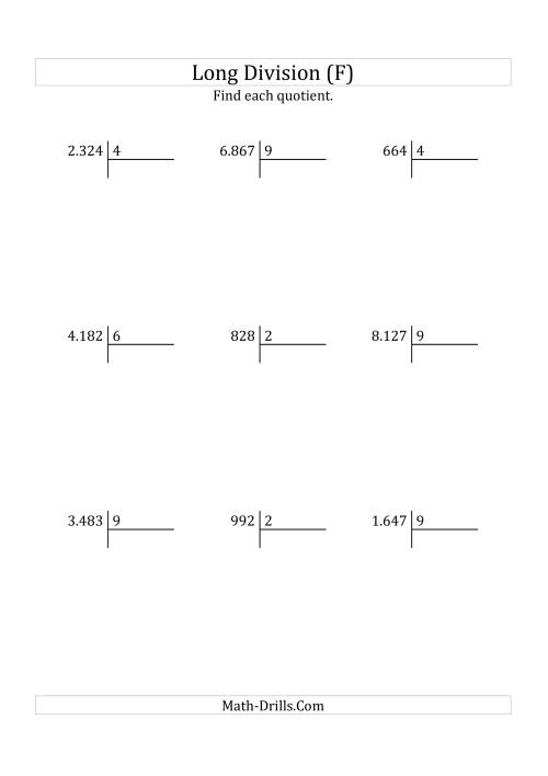 The European Long Division with a 1-Digit Divisor and a 3-Digit Quotient with No Remainders (F) Math Worksheet