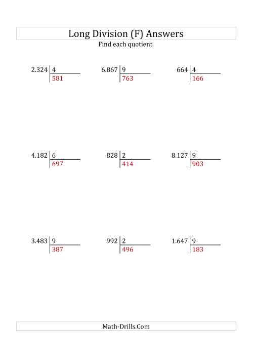 The European Long Division with a 1-Digit Divisor and a 3-Digit Quotient with No Remainders (F) Math Worksheet Page 2