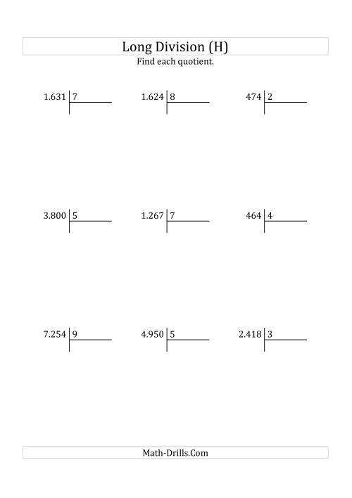 The European Long Division with a 1-Digit Divisor and a 3-Digit Quotient with No Remainders (H) Math Worksheet