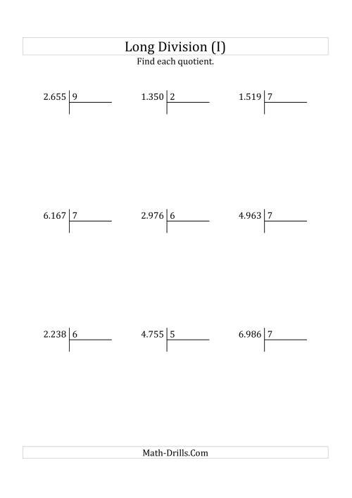 The European Long Division with a 1-Digit Divisor and a 3-Digit Quotient with No Remainders (I) Math Worksheet