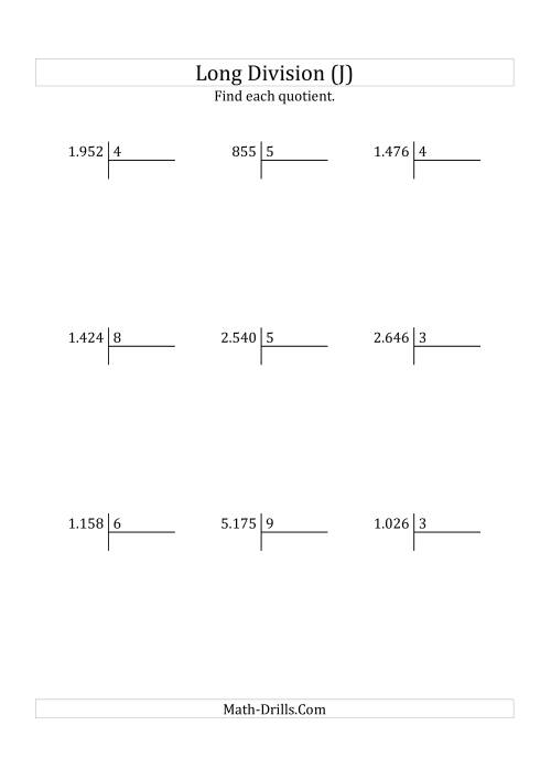 The European Long Division with a 1-Digit Divisor and a 3-Digit Quotient with No Remainders (J) Math Worksheet