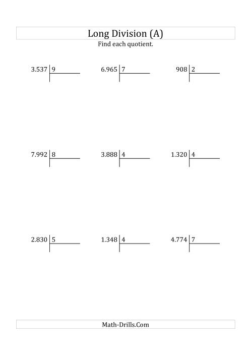The European Long Division with a 1-Digit Divisor and a 3-Digit Quotient with No Remainders (All) Math Worksheet
