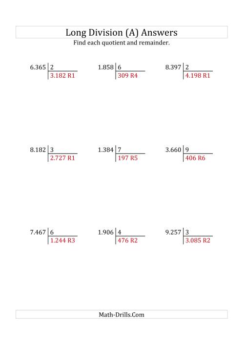 The European Long Division with a 1-Digit Divisor and a 4-Digit Dividend with Remainders (A) Math Worksheet Page 2