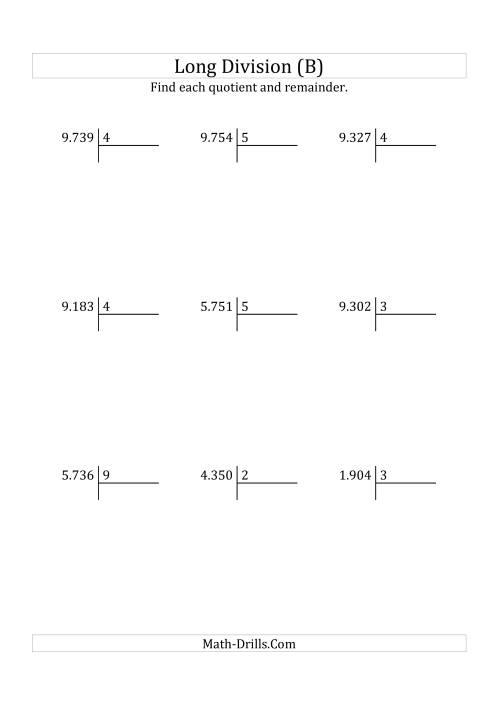 The European Long Division with a 1-Digit Divisor and a 4-Digit Dividend with Remainders (B) Math Worksheet