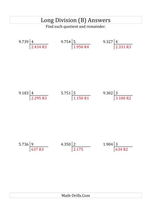 The European Long Division with a 1-Digit Divisor and a 4-Digit Dividend with Remainders (B) Math Worksheet Page 2