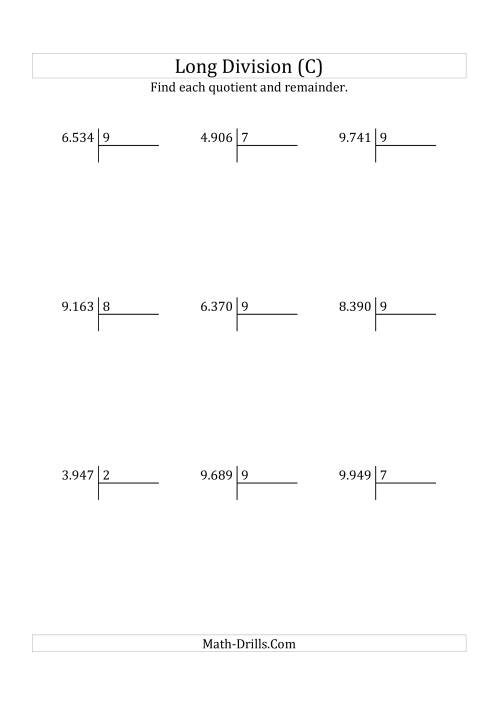 The European Long Division with a 1-Digit Divisor and a 4-Digit Dividend with Remainders (C) Math Worksheet